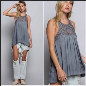 NWOT POL grey embroidered lace high neck button back tank in size large.